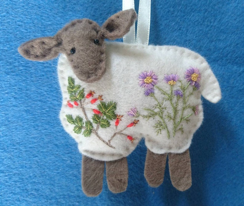 Spring... The Four Seasons of Sheep. Embroidered felt sheep plushie hanging ornament filled with wool from my organic flock image 4