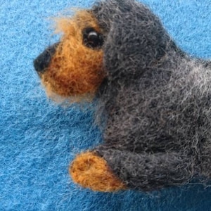 May include: A needle-felted dog figurine crafted from dark grey and tan wool fibres. The small sculpture features a textured coat, a black nose, and a dark eye, capturing the likeness of a wire-haired dachshund in a lying position.