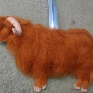 Needle Felted Highland Cow Ornament: Hand Embroidered Wool Decor