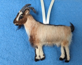 Needlefelted rare breed English Goat hanging ornament.Filled with wool from my certified organic flock