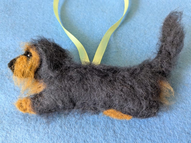 Felt Dachshund Ornament: Hand-Stitched Wirehaired Dog with Organic Wool Fill Plain black and tan