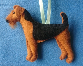 Airedale terrier hanging dog ornament. Needle felted fur and filled with wool from my organically certified flock