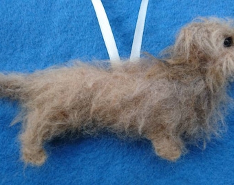 Needle Felted Wirehaired Dachshund Ornament: Organic Wool Dog