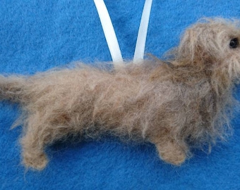 Wirehaired miniature Dachshund needle felted hanging dog ornament. Filled with wool from my certified organic flock