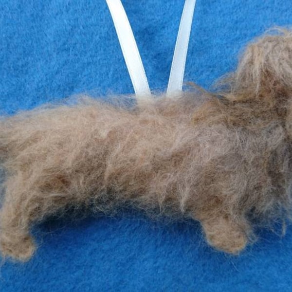 Wirehaired miniature Dachshund needle felted hanging dog ornament. Filled with wool from my certified organic flock