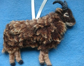 Needle felted Soay sheep hanging ornament. British hill sheep breed. Made with wool from my certified organic flock.