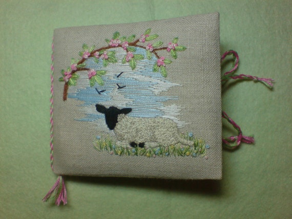 Hand embroidered needle book. Lamb design  needle case with 4 felt pages