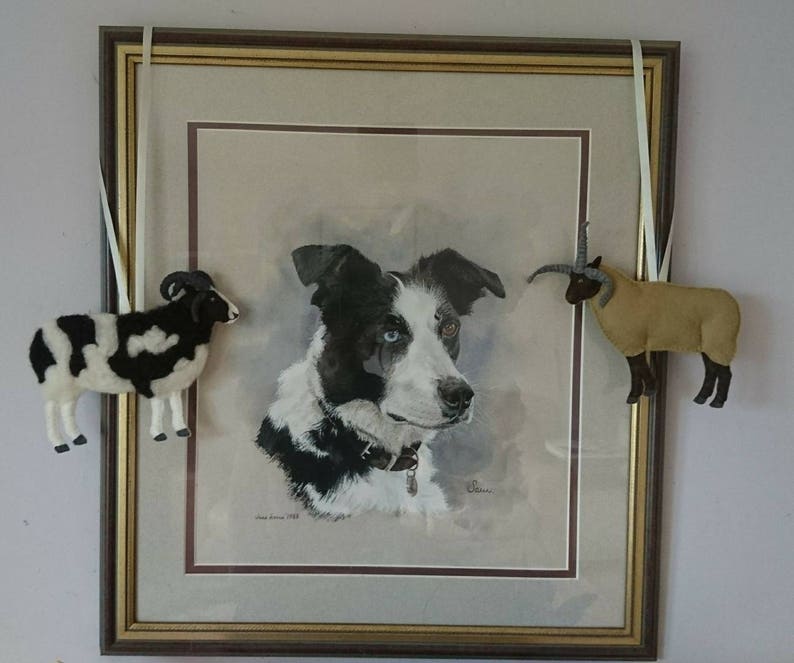 Puede incluir: Una pintura de acuarela enmarcada de un perro border collie blanco y negro. Dos peque&ntilde;os adornos de animales de fieltro, una oveja blanca y negra y una oveja marr&oacute;n, cuelgan del marco.