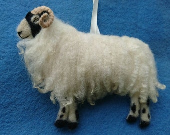 Needle felted Swaledale sheep hanging ornament. British hill sheep breed. Made with wool from my certified organic flock.