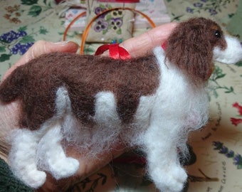 Needlefelted Springer/Cocker Spaniel hanging dog ornament with hand embroidered detail. Filled with wool from my organically certified flock