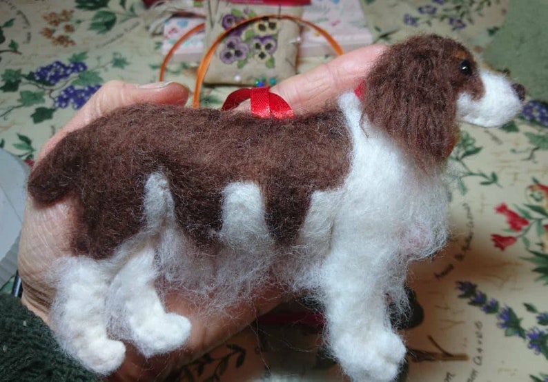 Needlefelted Springer/Cocker Spaniel hanging dog ornament with hand embroidered detail. Filled with wool from my organically certified flock image 1