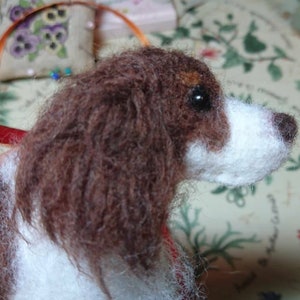 Needlefelted Springer/Cocker Spaniel hanging dog ornament with hand embroidered detail. Filled with wool from my organically certified flock image 2