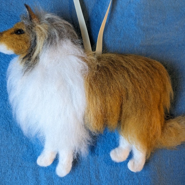 Needle felted Rough Collie (Lassie type) hanging ornament  filled with Soil Association certified organic wool