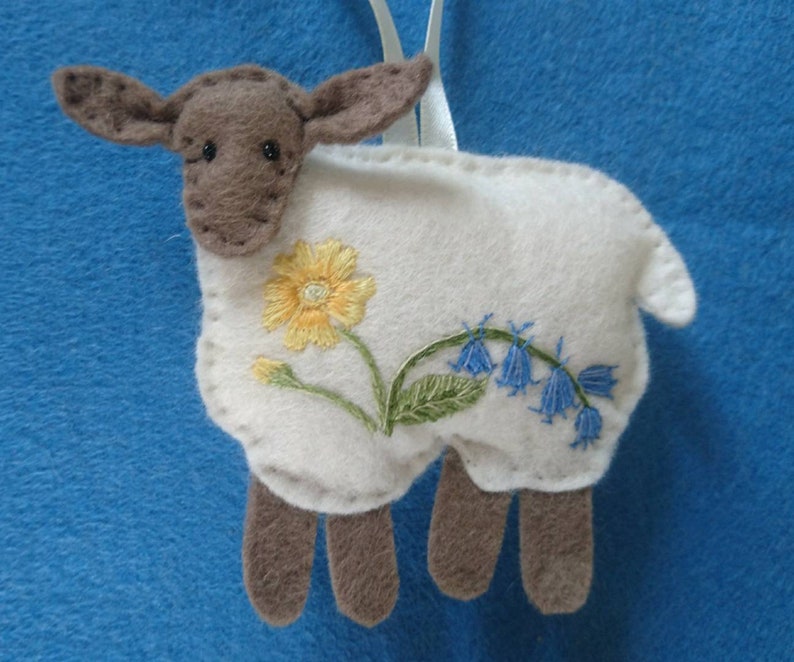 Spring... The Four Seasons of Sheep. Embroidered felt sheep plushie hanging ornament filled with wool from my organic flock image 1