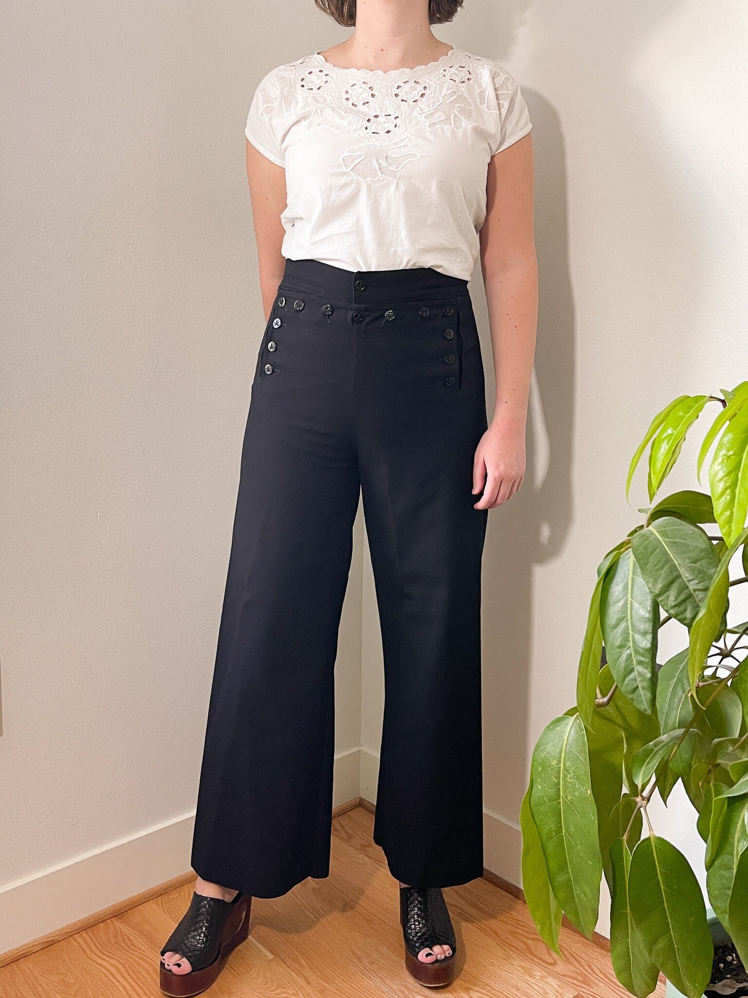 Vintage Black Wool Sailor Pants / Navy 