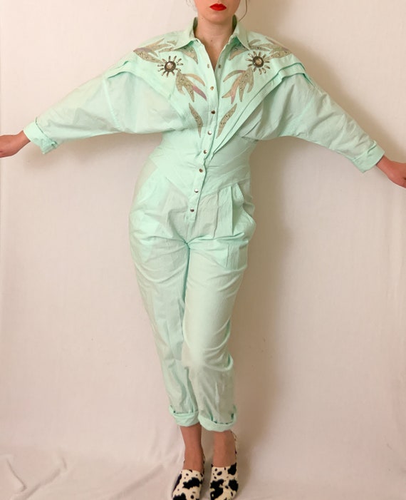 Vintage 1980s Mint Green Applique Snap-Front Long