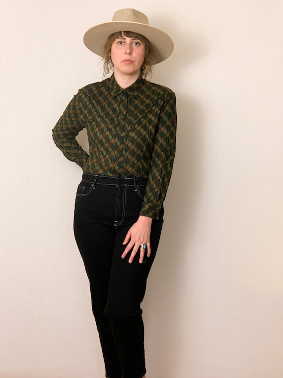 Vintage 70s Long Sleeve Button-Up Bodysuit / Green & … - Gem