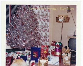 Digital Download: "Tinsely Xmas Tree With TV & Lamp" 1960s Vintage Snapshot Photo Mid-Century Modern Kodacolor Print