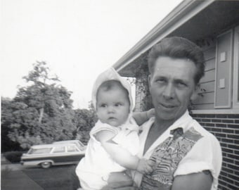 Country Music Man? With Great Hair Holds Baby Outside MCM Suburban House ca.1964 ~ Vintage Found Photo Snapshot