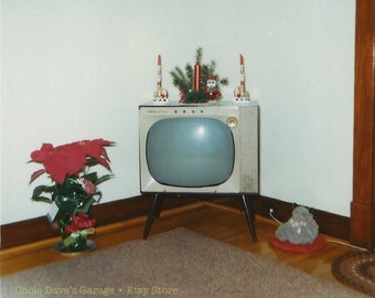 TV With Xmas Poinsettia ~ 1960s Vintage Snapshot Photo Mid-Century Modern Kodacolor Print; Digital Download