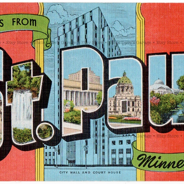 Greetings From St. Paul, Minnesota ~ 1940s-1950s Vintage Large Letter Postcard Artwork; Digital Download