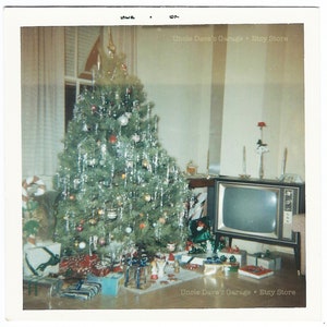 Tinsely Xmas Tree With TV ~ 1967 Vintage Snapshot Photo Mid-Century Modern Color Print; Digital Download