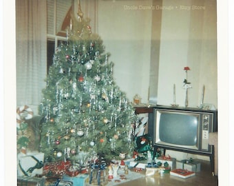 Tinsely Xmas Tree With TV ~ 1967 Vintage Snapshot Photo Mid-Century Modern Color Print; Digital Download