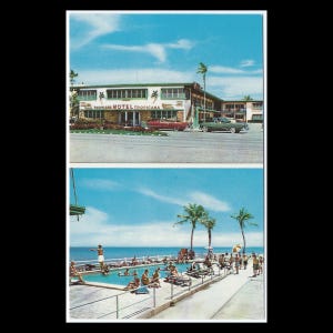 Floride Miami Beach, Floride ; Tropicana Motel avec des voitures des années 50 ; Piscine côté océan : carte postale vintage ; Publicité souvenir originale « Chrome » non utilisée