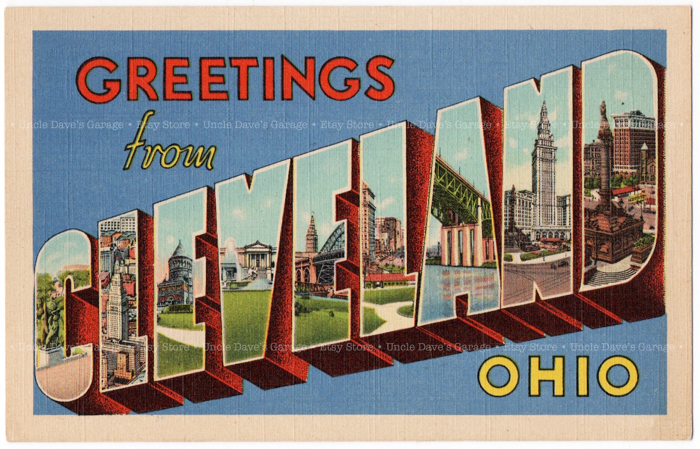 Greetings From Cleveland, Ohio ~ 1930s-1940s Vintage Large Letter Postcard Artwork; Digital Download