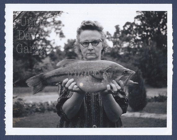 Cat Eye Glasses Lady With Big Fish ~ 1960s Vintage Polaroid Photo; Digital  Download