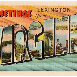Salutations de Lexington, Virginie ~ années 1930-1940 vintage Grande Lettre Carte postale Artwork; Téléchargement numérique
