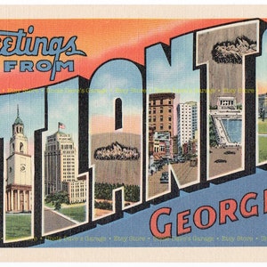 Saludos desde Atlanta, Georgia, 1930s-1940s Vintage Gran Carta Postal Arte; Descarga digital