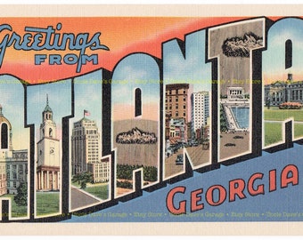 Greetings From Atlanta, Georgia ~ 1930s-1940s Vintage Large Letter Postcard Artwork; Digital Download