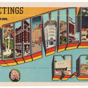 Saludos desde Asheville, Carolina del Norte , 1930s-1940s Vintage Gran Carta Postal Arte; Descarga digital