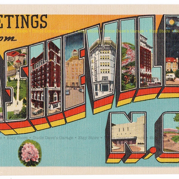 Greetings From Asheville, North Carolina ~ 1930s-1940s Vintage Large Letter Postcard Artwork; Digital Download