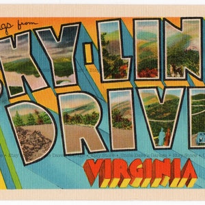 Saludos desde Sky-Line Drive, Virginia , 1930s-1940s Vintage Gran Carta Postal Arte; Descarga digital