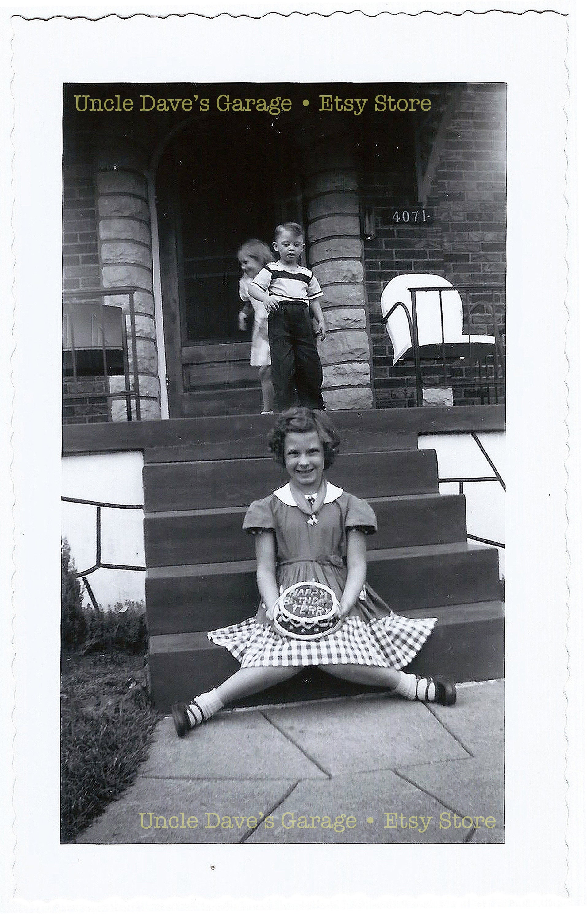 Happy Little Girl With Birthday Cake 1950s Vintage Snapshot image photo