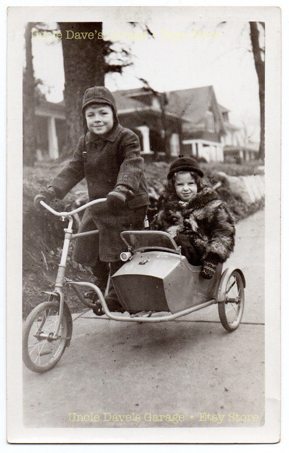 Happy Boy Girl in Sidecar Tricycle 1940s 1950s Vintage Snapshot Photo Digital Download Etsy