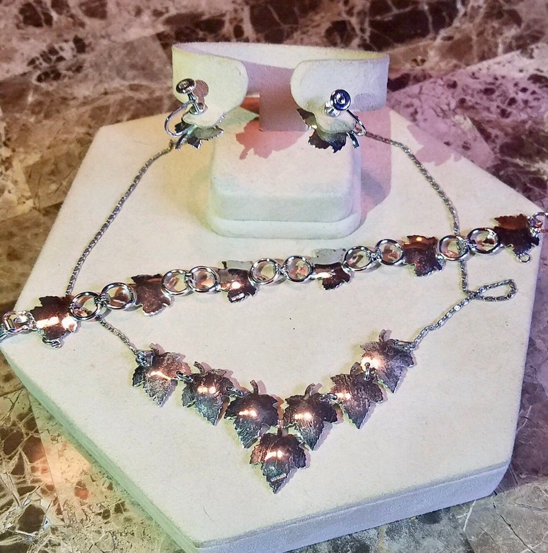 Art Deco sterling silver and marcasite leaf necklace bracelet and screw back earring parure