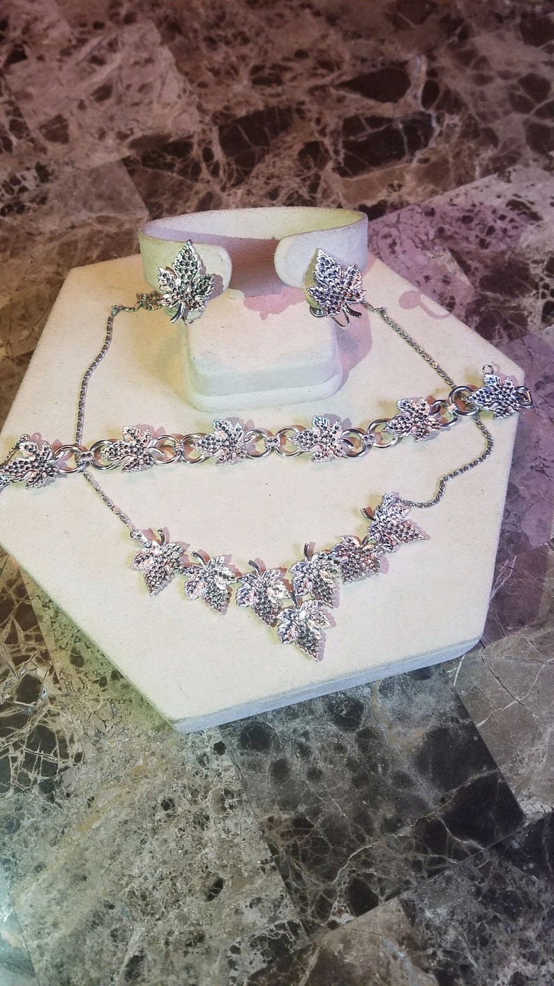Art Deco sterling silver and marcasite leaf necklace bracelet and screw back earring parure