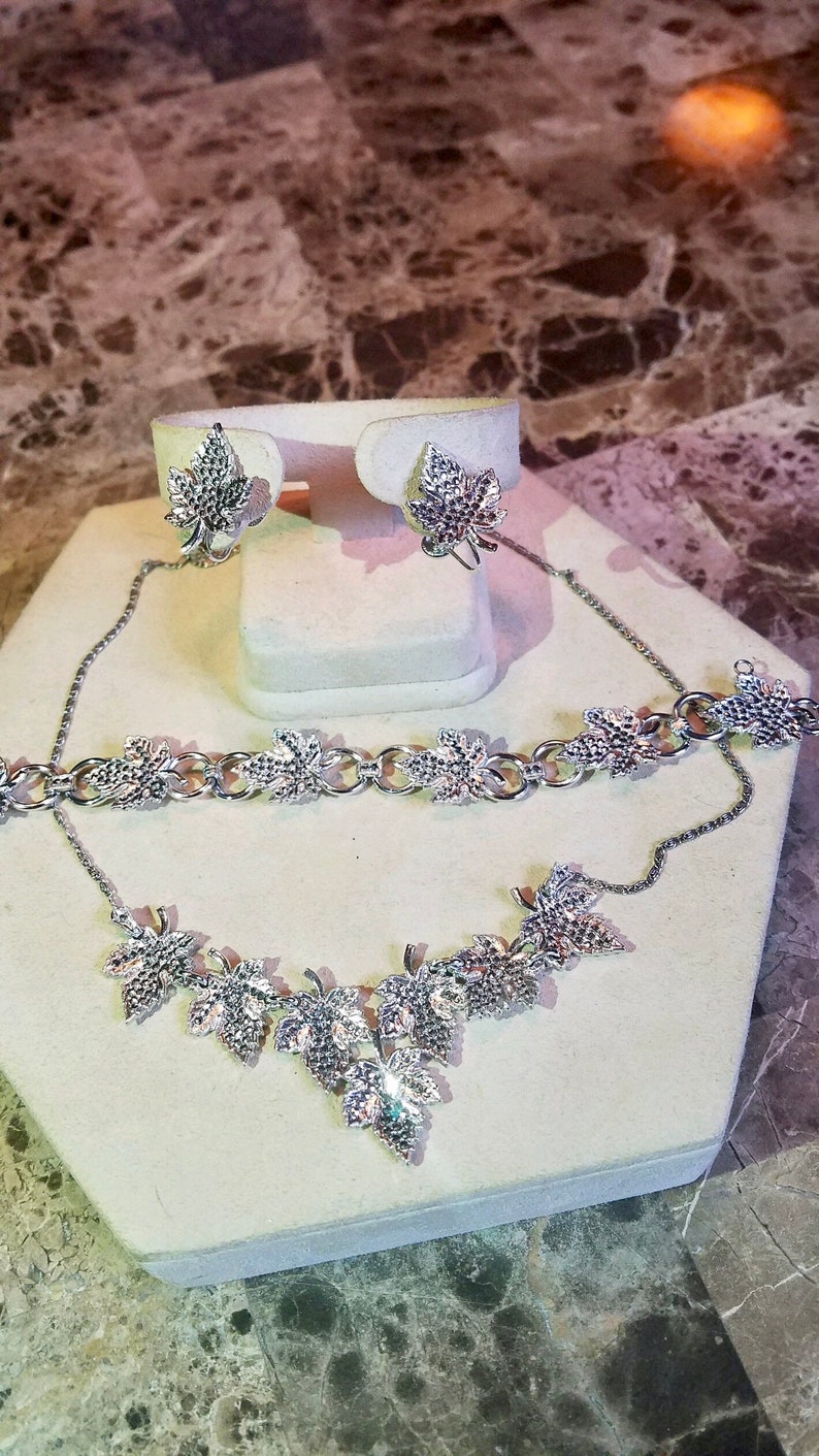 Art Deco sterling silver and marcasite leaf necklace bracelet and screw back earring parure