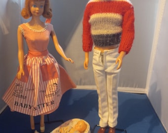Original 1960s Mattel Midge doll and Allan doll with original # 953 Barbie Baby sits set