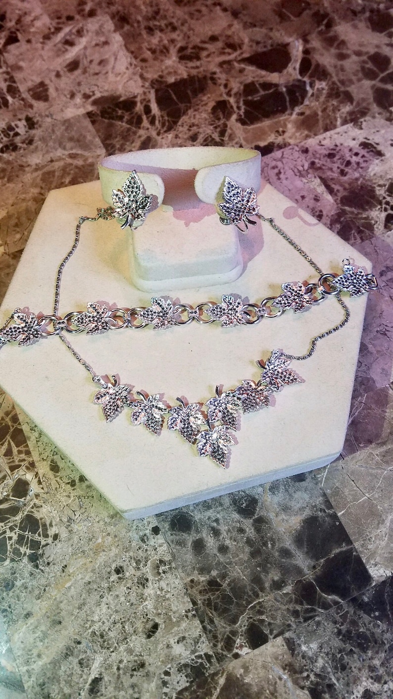 Art Deco sterling silver and marcasite leaf necklace bracelet and screw back earring parure