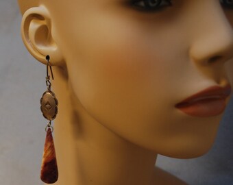 Southwest purple spiny oyster and hand stamped sterling concho dangle earrings