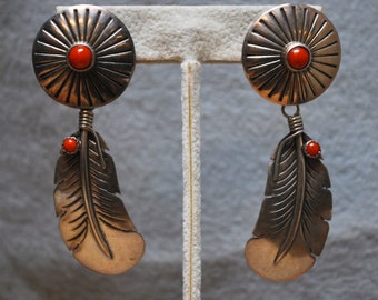 Sterling silver and red coral stud earrings with feather dangles