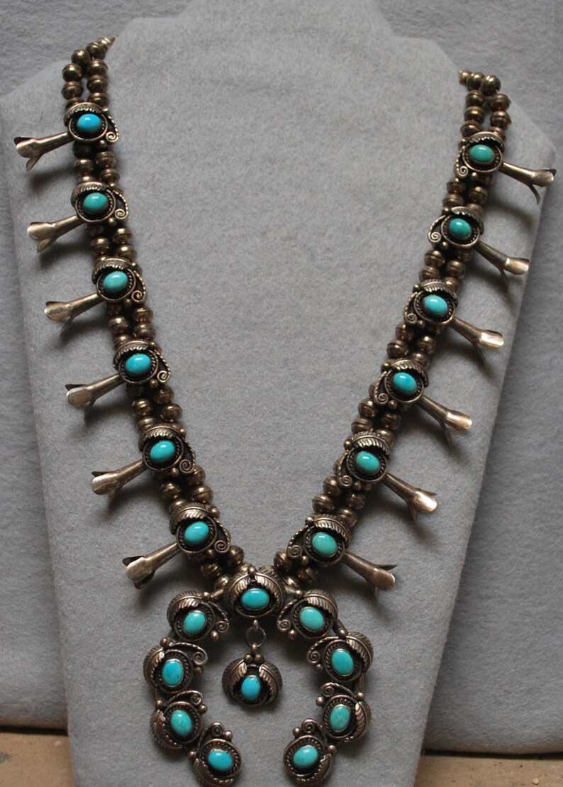 Vintage Turquoise Squash Blossom Necklace Bracelet and Ring Etsy