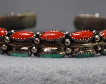 Red Coral and Turquoise Native American Cuff Bracelet by Tommy Moore