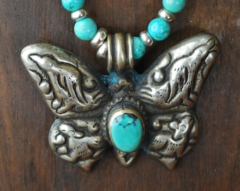 Vintage Tibetan butterfly and turquoise necklace