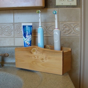 Rustic Spruce Electric Toothbrush Holder--for 2 Large Electric Toothbrushes w/Corded Charging Base + Toothpaste