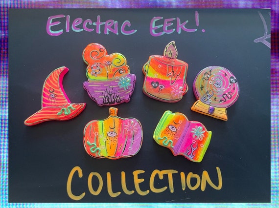 Electric Eek! Halloween Magnet Collection - Neon Halloween Decor - Fluorescent Halloween Decor - Pumpkins, Ghosts, Witches, Monsters!